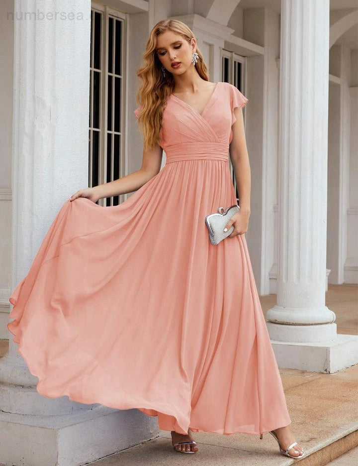 Numbersea V-Neck Bridesmaid Dress Floor Length Backless Formal Evening Dress 28024 by numbersea