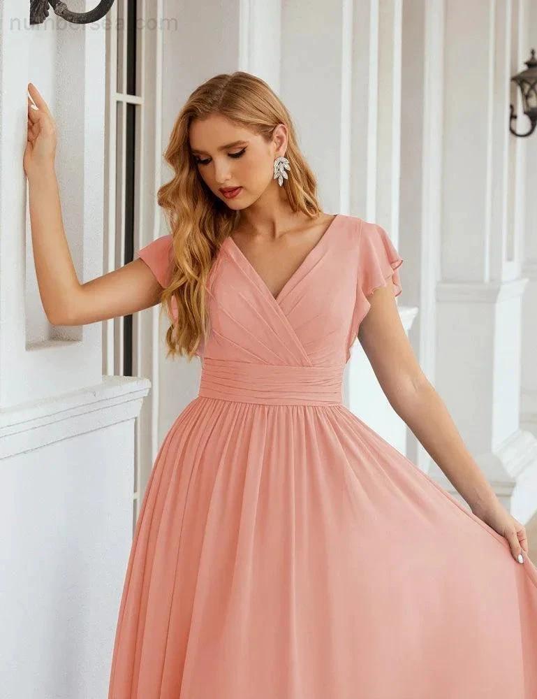 Numbersea V-Neck Bridesmaid Dress Floor Length Backless Formal Evening Dress 28024 by numbersea