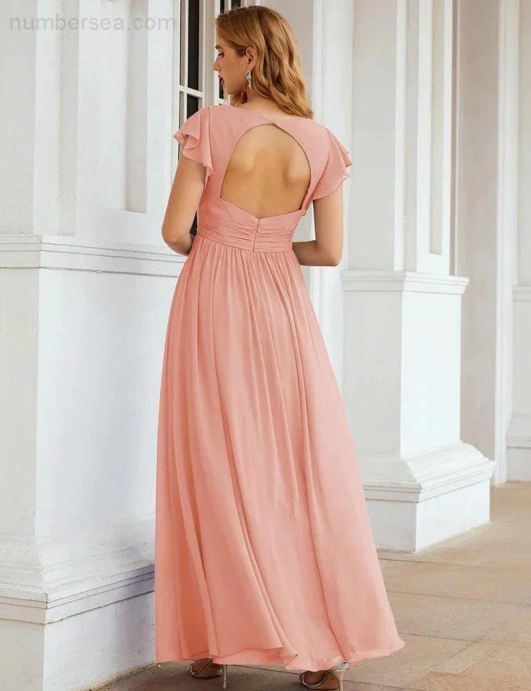 Numbersea V-Neck Bridesmaid Dress Floor Length Backless Formal Evening Dress 28024 by numbersea