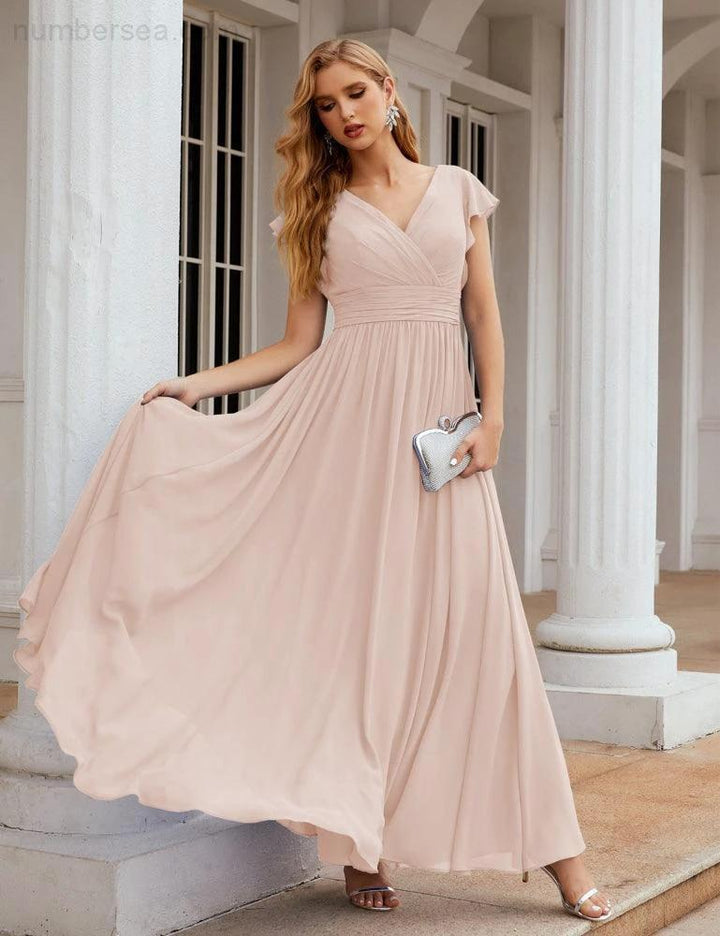 Numbersea V-Neck Bridesmaid Dress Floor Length Backless Formal Evening Dress 28024 by numbersea
