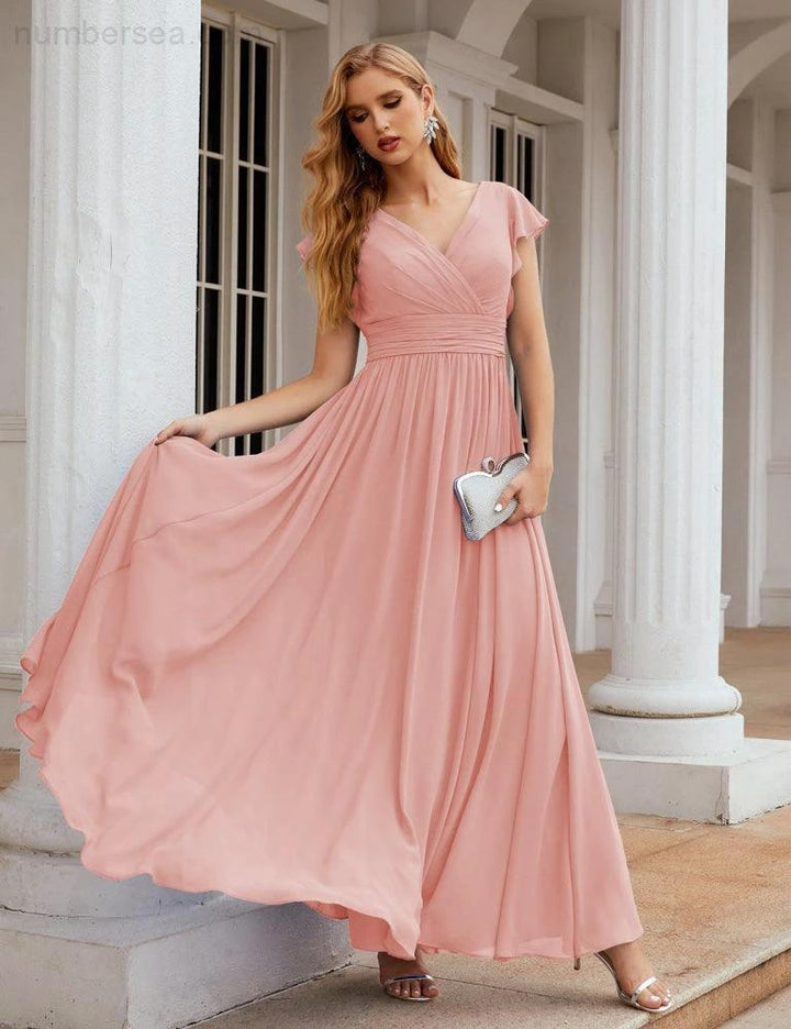 Numbersea V-Neck Bridesmaid Dress Floor Length Backless Formal Evening Dress 28024 by numbersea
