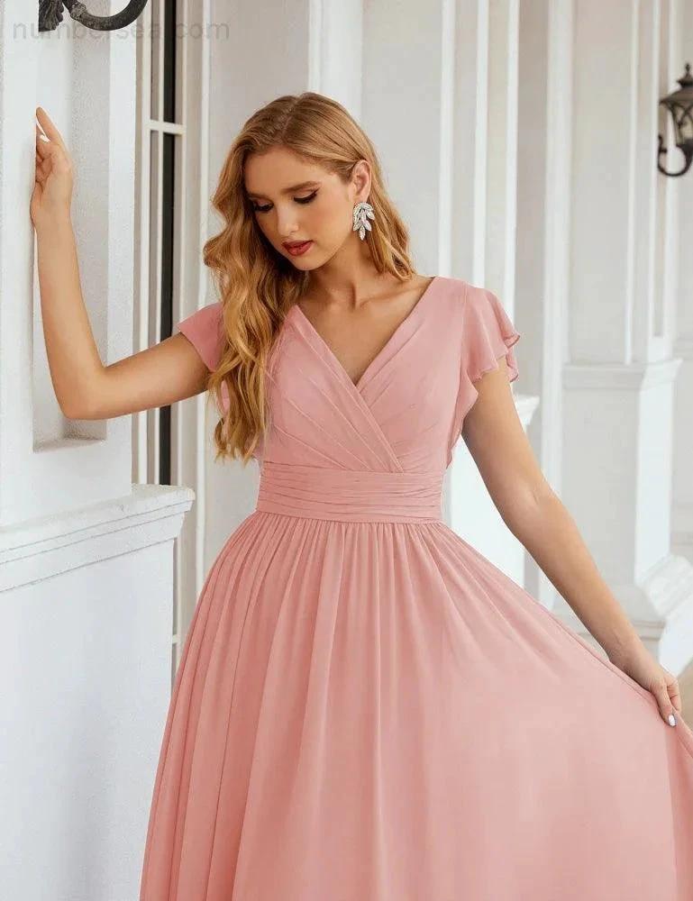 Numbersea V-Neck Bridesmaid Dress Floor Length Backless Formal Evening Dress 28024 by numbersea
