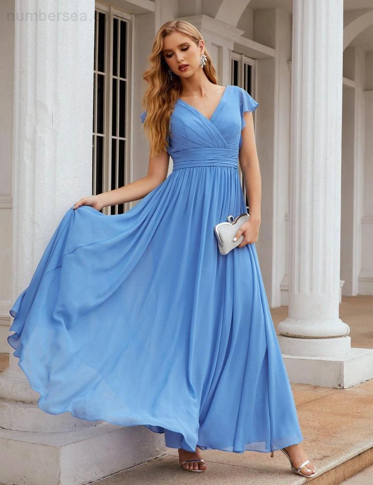 Numbersea V-Neck Bridesmaid Dress Floor Length Backless Formal Evening Dress 28024 by numbersea