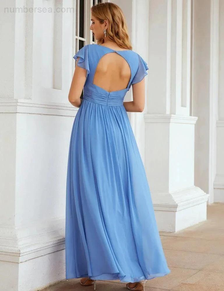 Numbersea V-Neck Bridesmaid Dress Floor Length Backless Formal Evening Dress 28024 by numbersea