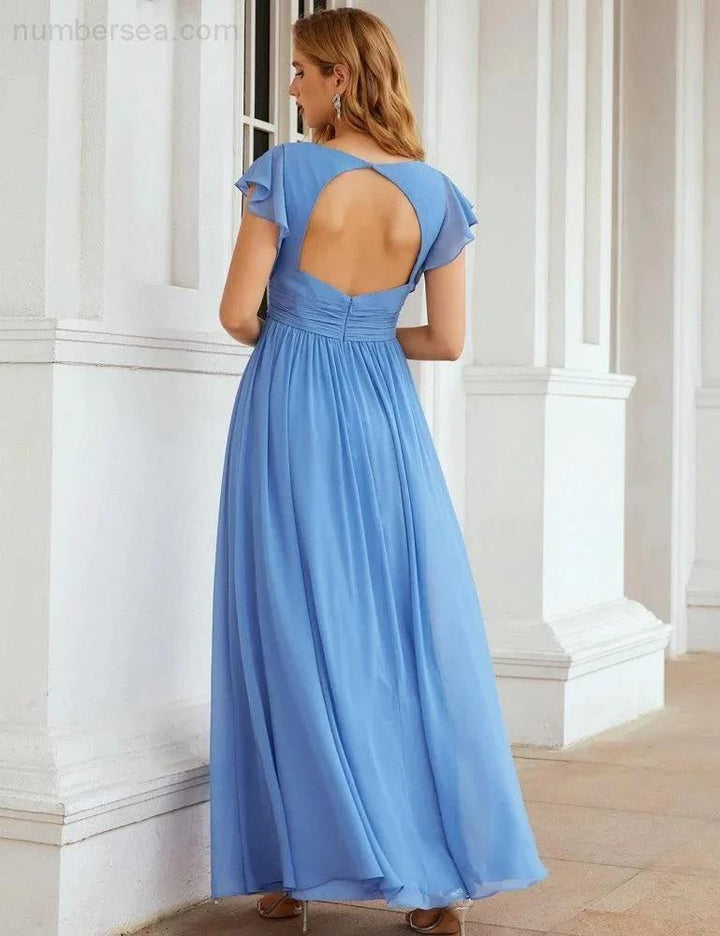 Numbersea V-Neck Bridesmaid Dress Floor Length Backless Formal Evening Dress 28024 by numbersea