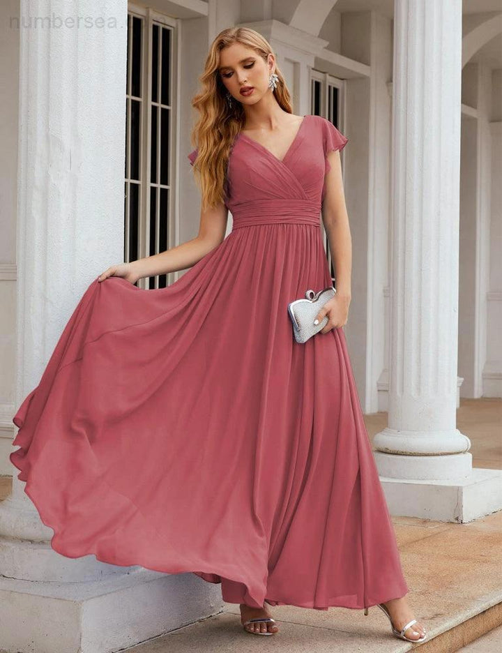 Numbersea V-Neck Bridesmaid Dress Floor Length Backless Formal Evening Dress 28024 by numbersea