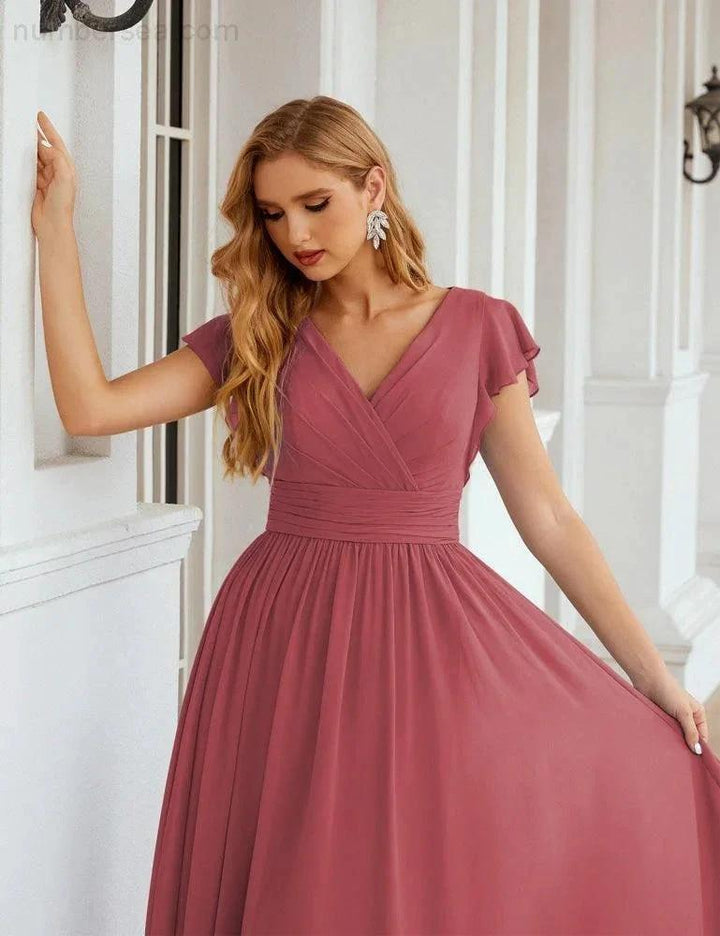 Numbersea V-Neck Bridesmaid Dress Floor Length Backless Formal Evening Dress 28024 by numbersea