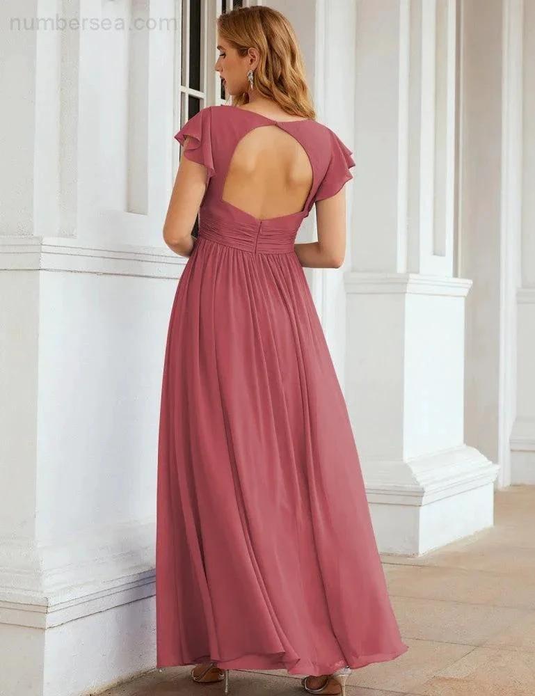 Numbersea V-Neck Bridesmaid Dress Floor Length Backless Formal Evening Dress 28024 by numbersea