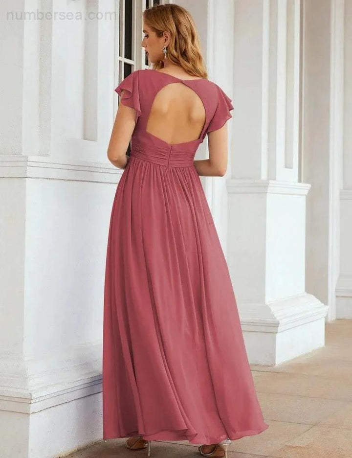 Numbersea V-Neck Bridesmaid Dress Floor Length Backless Formal Evening Dress 28024 by numbersea