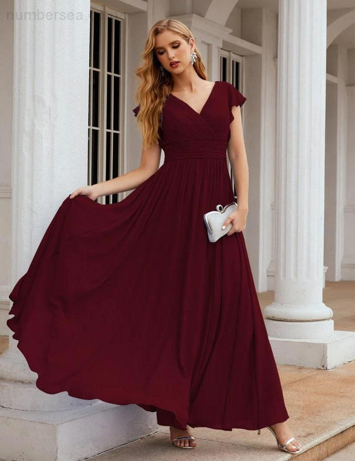 Numbersea V-Neck Bridesmaid Dress Floor Length Backless Formal Evening Dress 28024 by numbersea