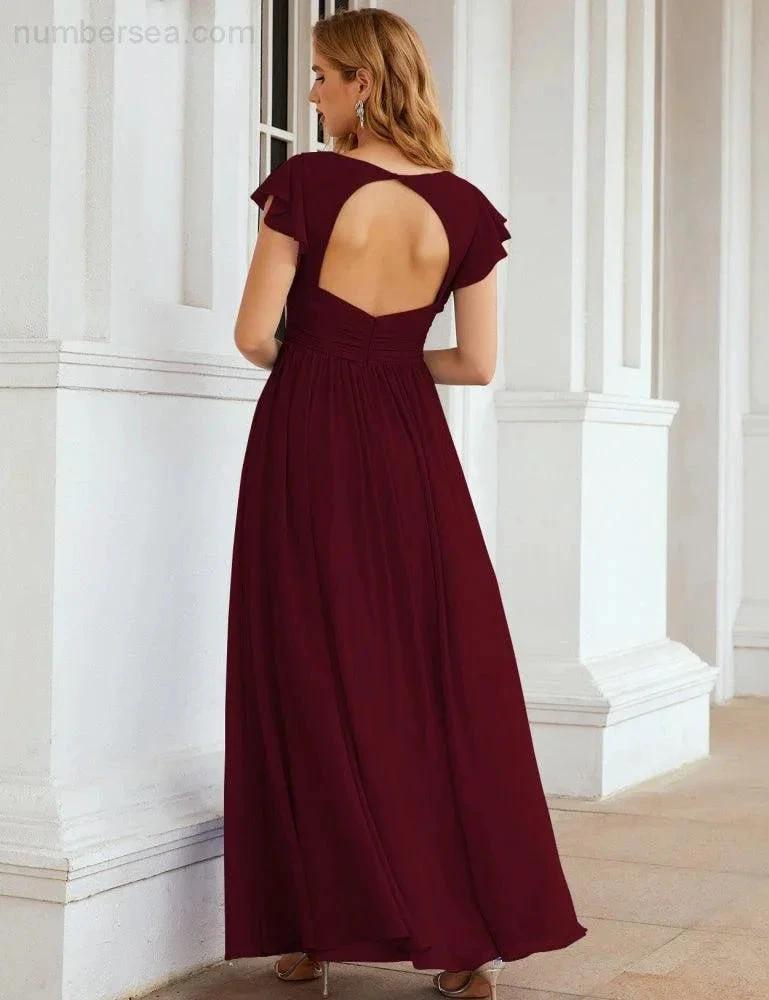 Numbersea V-Neck Bridesmaid Dress Floor Length Backless Formal Evening Dress 28024 by numbersea