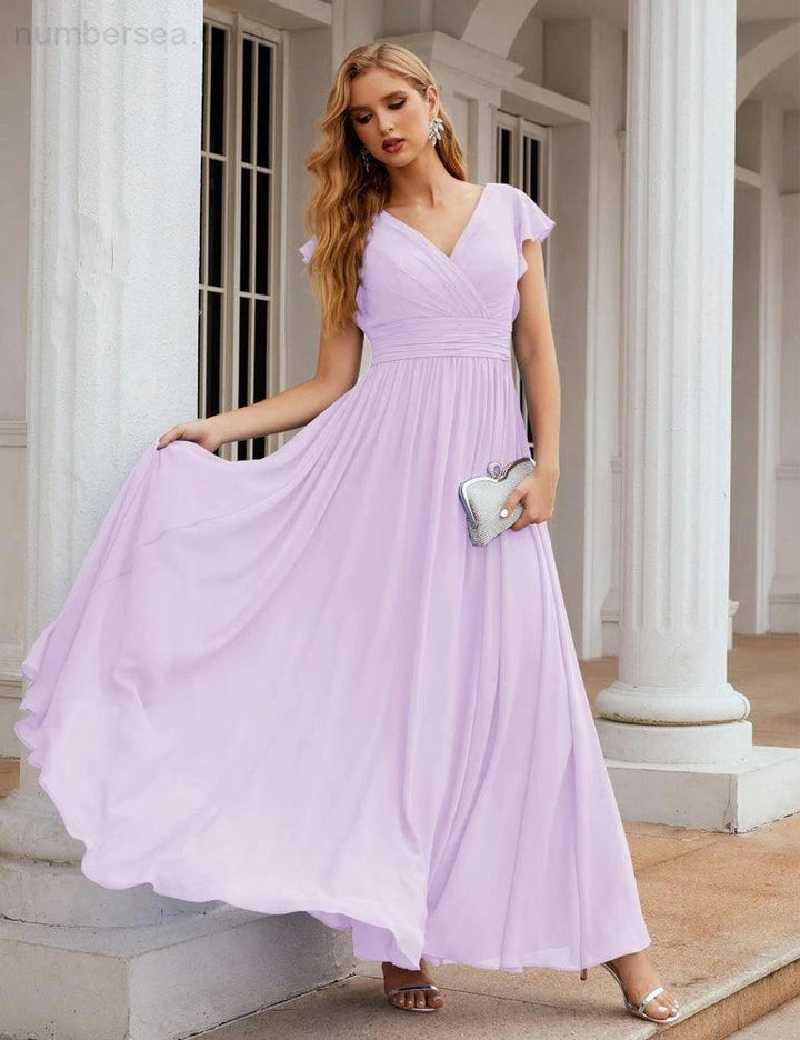 Numbersea V-Neck Bridesmaid Dress Floor Length Backless Formal Evening Dress 28024 by numbersea