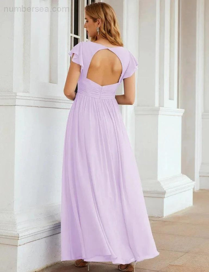Numbersea V-Neck Bridesmaid Dress Floor Length Backless Formal Evening Dress 28024 by numbersea