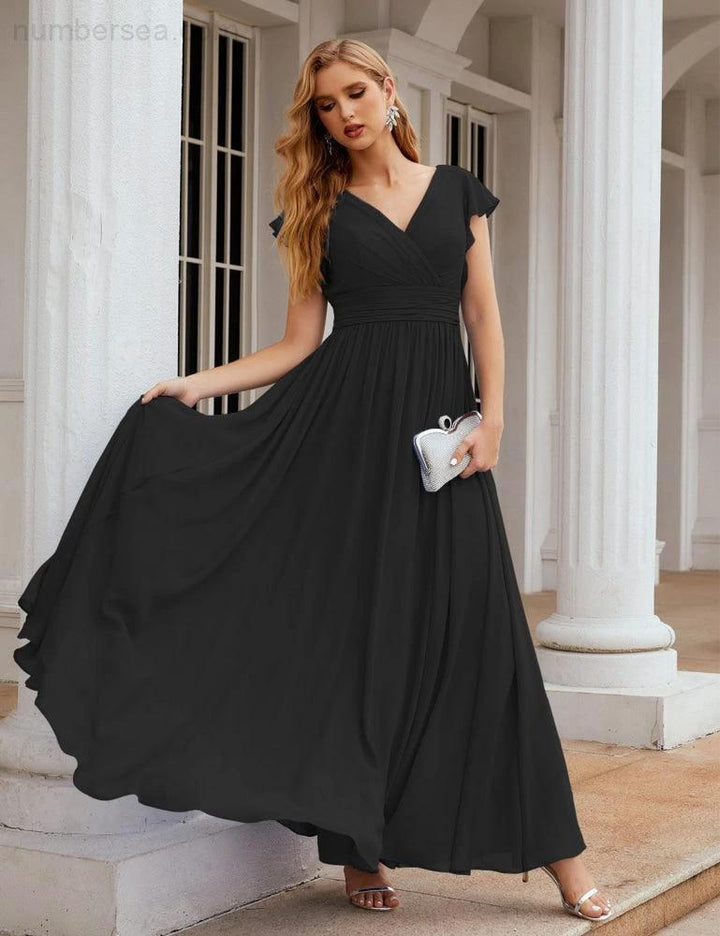 Numbersea V-Neck Bridesmaid Dress Floor Length Backless Formal Evening Dress 28024 by numbersea