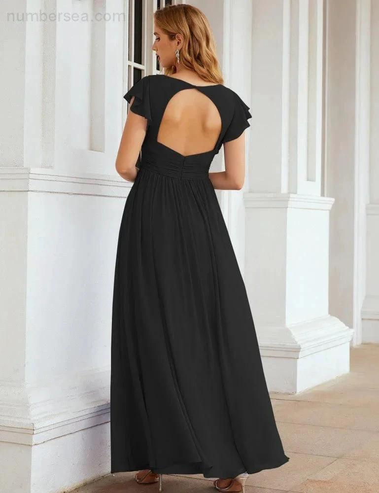 Numbersea V-Neck Bridesmaid Dress Floor Length Backless Formal Evening Dress 28024 by numbersea