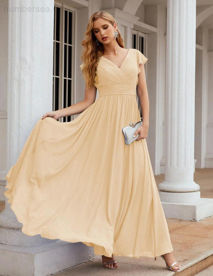 Numbersea V-Neck Bridesmaid Dress Floor Length Backless Formal Evening Dress 28024 by numbersea