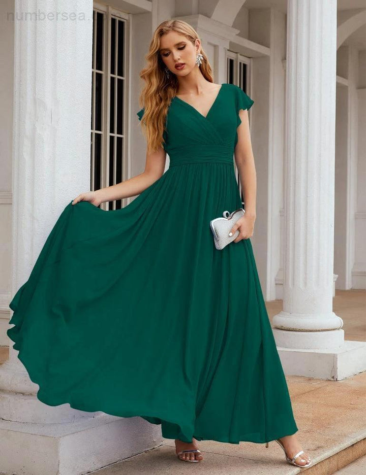 Numbersea V-Neck Bridesmaid Dress Floor Length Backless Formal Evening Dress 28024 by numbersea