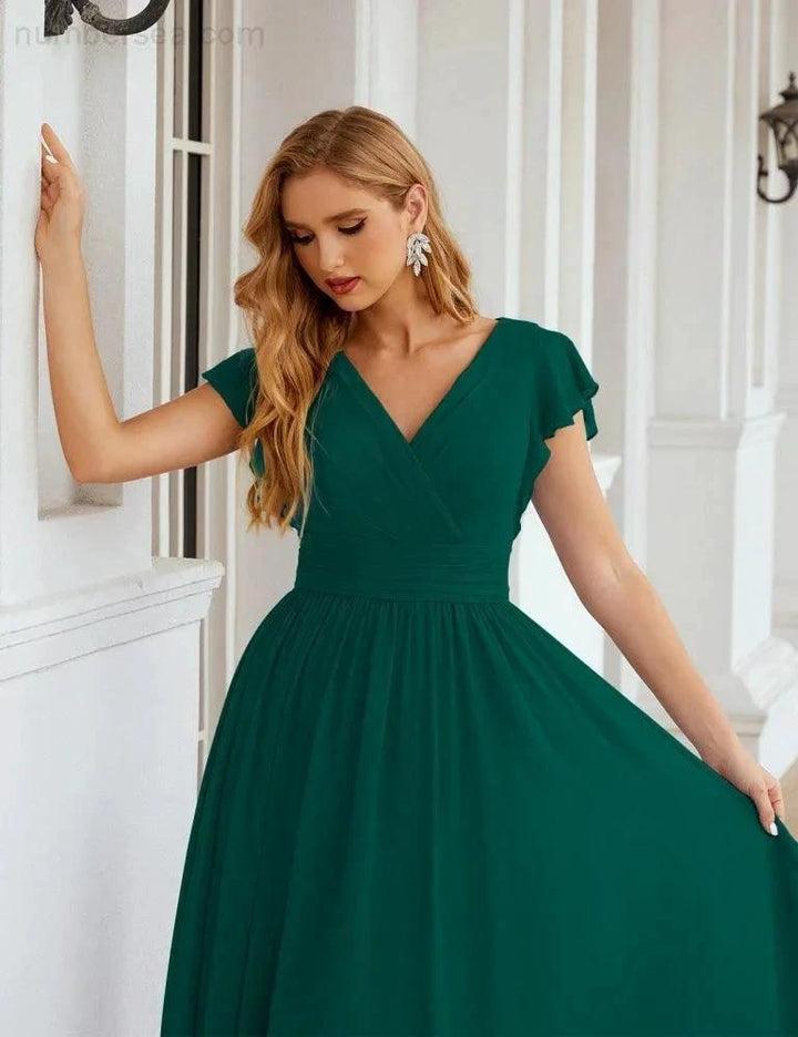 Numbersea V-Neck Bridesmaid Dress Floor Length Backless Formal Evening Dress 28024 by numbersea