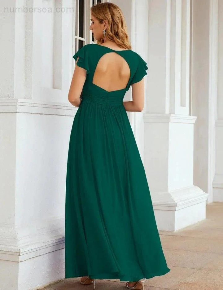 Numbersea V-Neck Bridesmaid Dress Floor Length Backless Formal Evening Dress 28024 by numbersea
