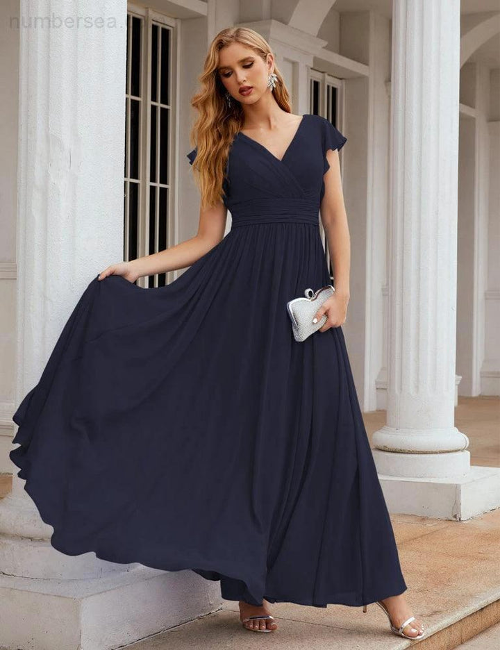 Numbersea V-Neck Bridesmaid Dress Floor Length Backless Formal Evening Dress 28024 by numbersea