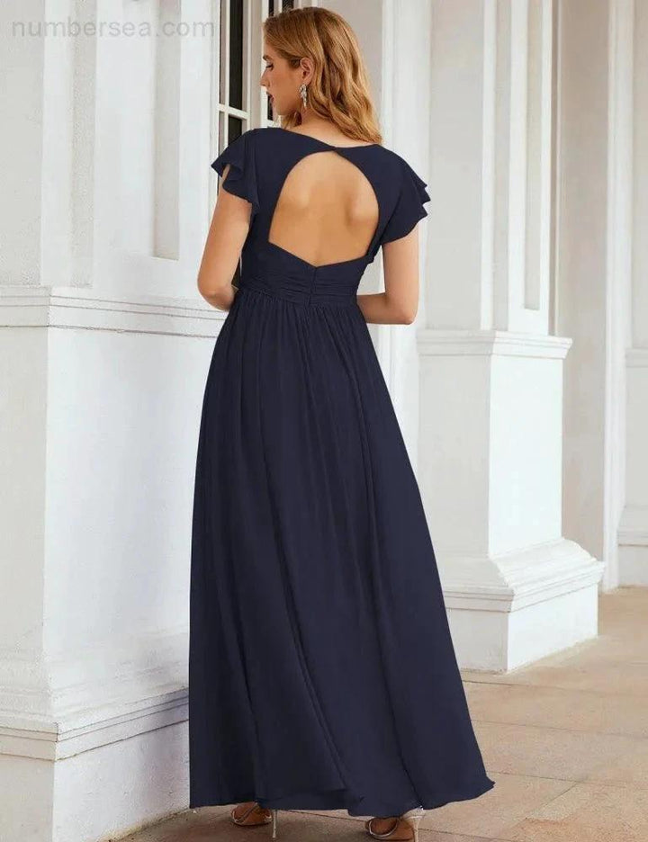 Numbersea V-Neck Bridesmaid Dress Floor Length Backless Formal Evening Dress 28024 by numbersea