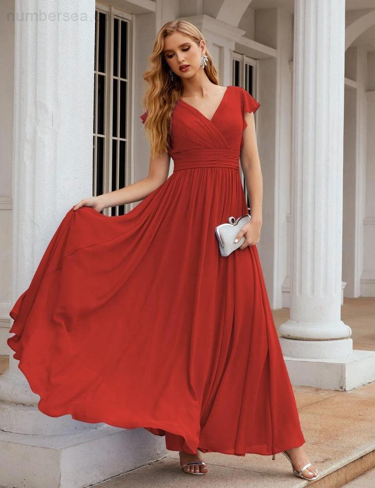Numbersea V-Neck Bridesmaid Dress Floor Length Backless Formal Evening Dress 28024 by numbersea