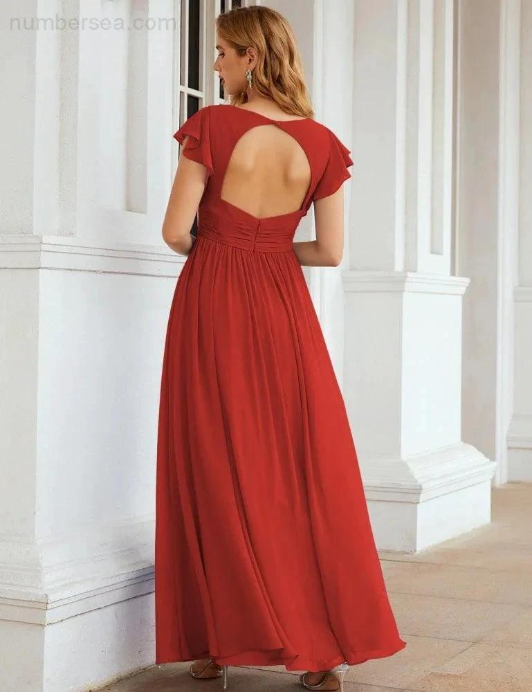 Numbersea V-Neck Bridesmaid Dress Floor Length Backless Formal Evening Dress 28024 by numbersea