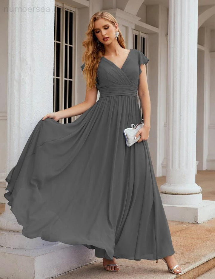 Numbersea V-Neck Bridesmaid Dress Floor Length Backless Formal Evening Dress 28024 by numbersea
