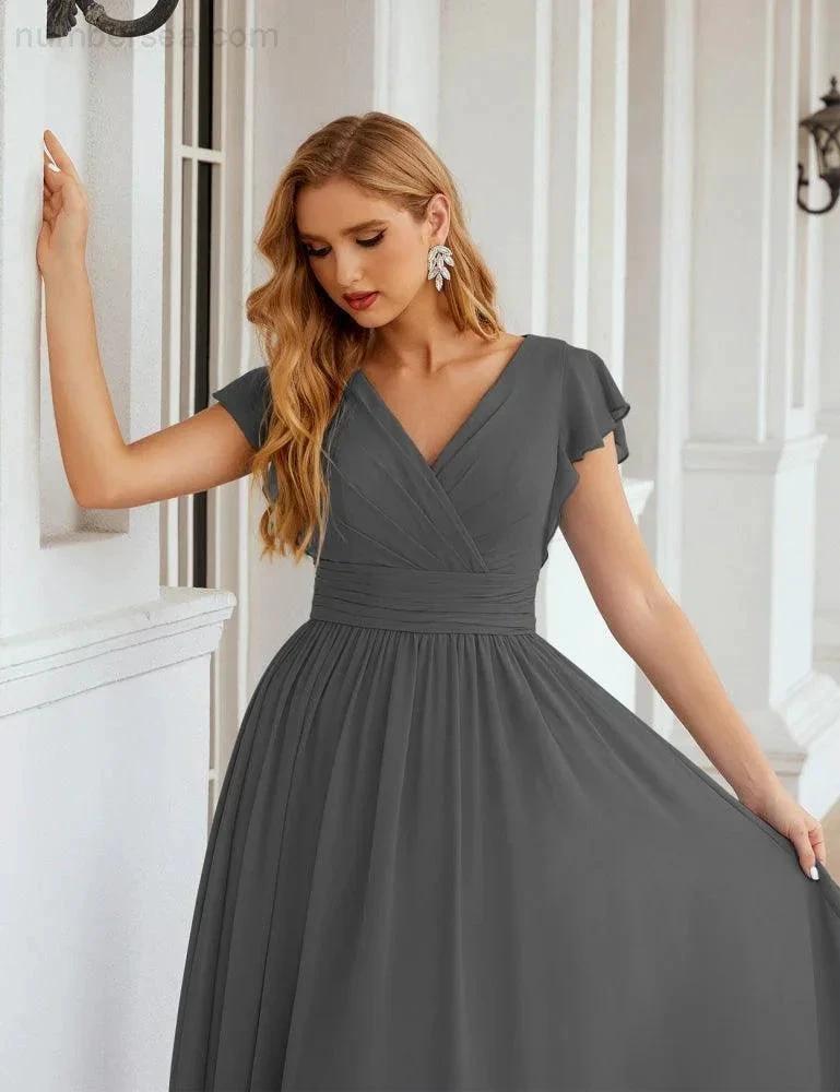 Numbersea V-Neck Bridesmaid Dress Floor Length Backless Formal Evening Dress 28024 by numbersea