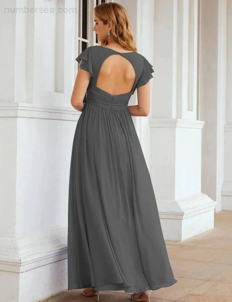 Numbersea V-Neck Bridesmaid Dress Floor Length Backless Formal Evening Dress 28024 by numbersea