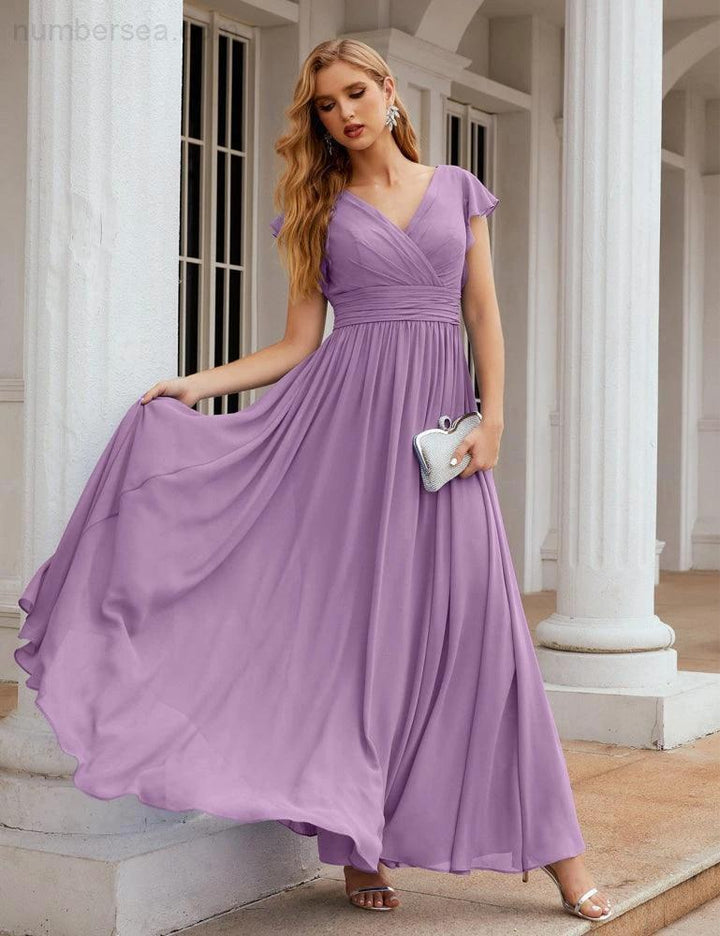 Numbersea V-Neck Bridesmaid Dress Floor Length Backless Formal Evening Dress 28024 by numbersea