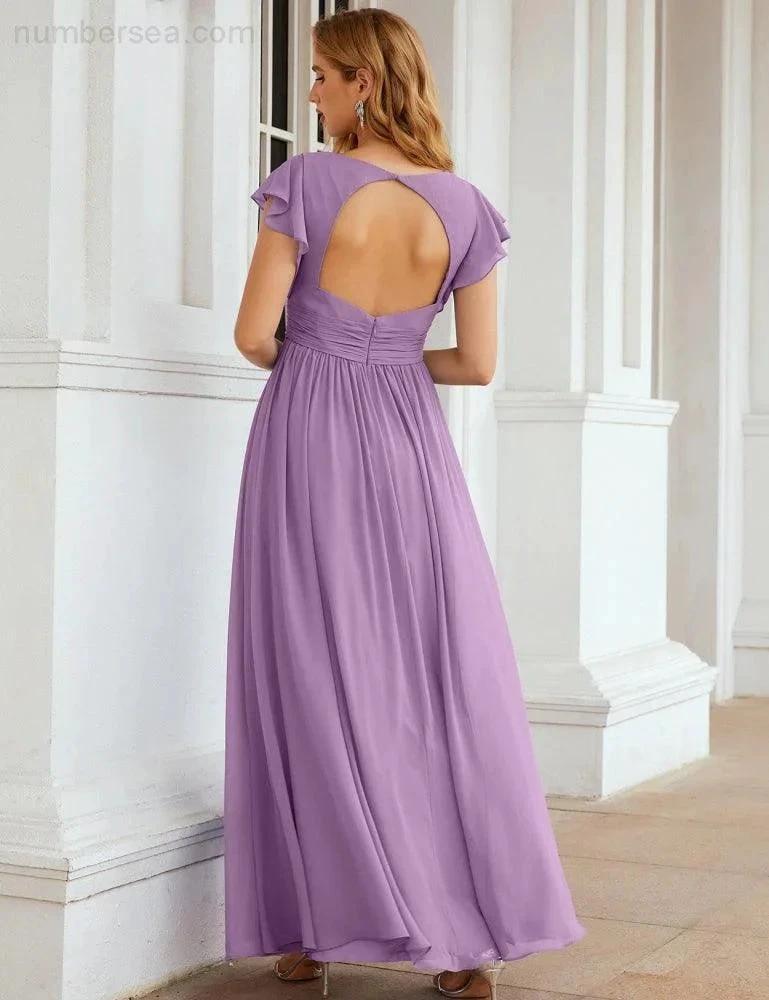 Numbersea V-Neck Bridesmaid Dress Floor Length Backless Formal Evening Dress 28024 by numbersea