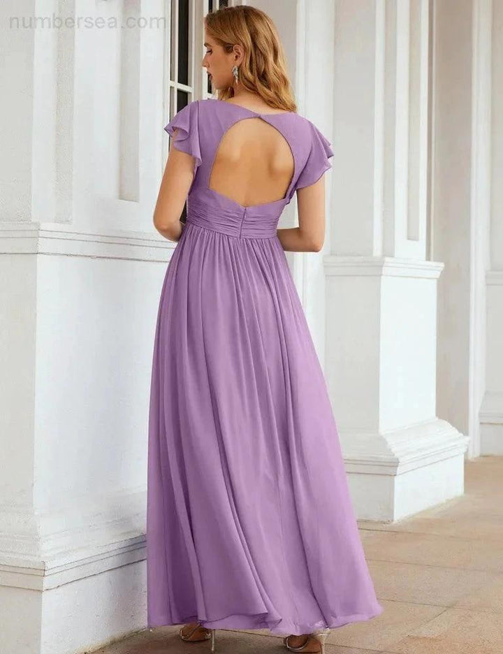 Numbersea V-Neck Bridesmaid Dress Floor Length Backless Formal Evening Dress 28024 by numbersea