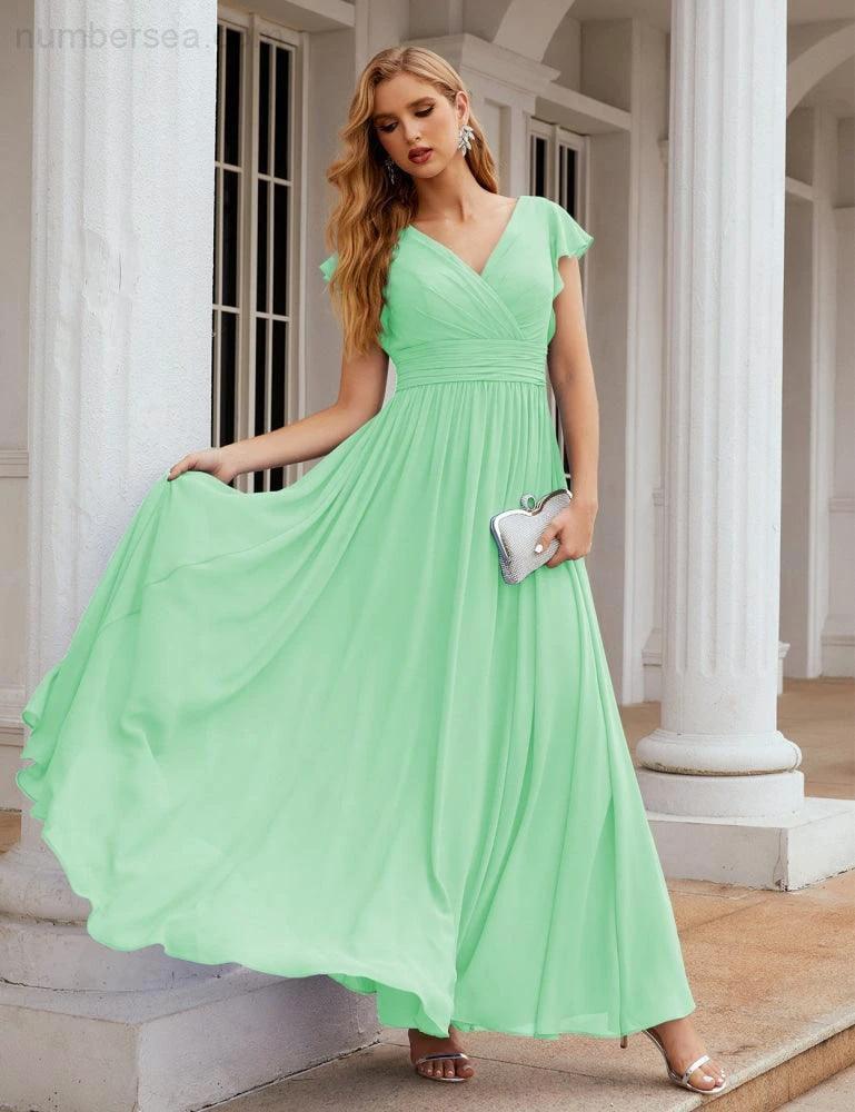 Numbersea V-Neck Bridesmaid Dress Floor Length Backless Formal Evening Dress 28024 by numbersea