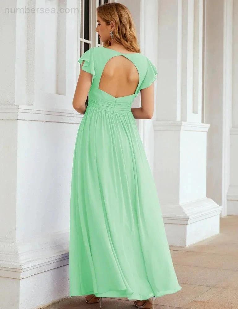 Numbersea V-Neck Bridesmaid Dress Floor Length Backless Formal Evening Dress 28024 by numbersea