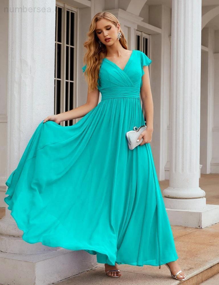 Numbersea V-Neck Bridesmaid Dress Floor Length Backless Formal Evening Dress 28024 by numbersea