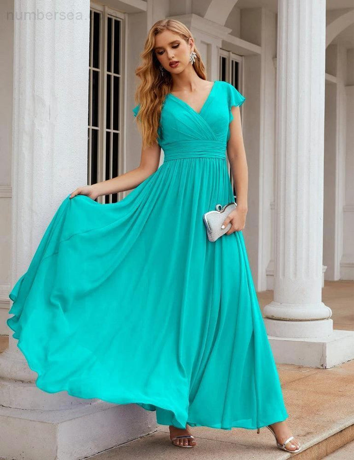 Numbersea V-Neck Bridesmaid Dress Floor Length Backless Formal Evening Dress 28024 by numbersea
