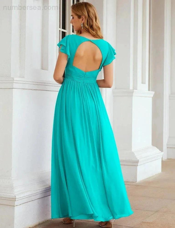 Numbersea V-Neck Bridesmaid Dress Floor Length Backless Formal Evening Dress 28024 by numbersea