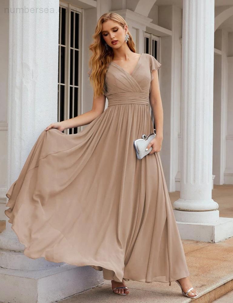 Numbersea V-Neck Bridesmaid Dress Floor Length Backless Formal Evening Dress 28024 by numbersea