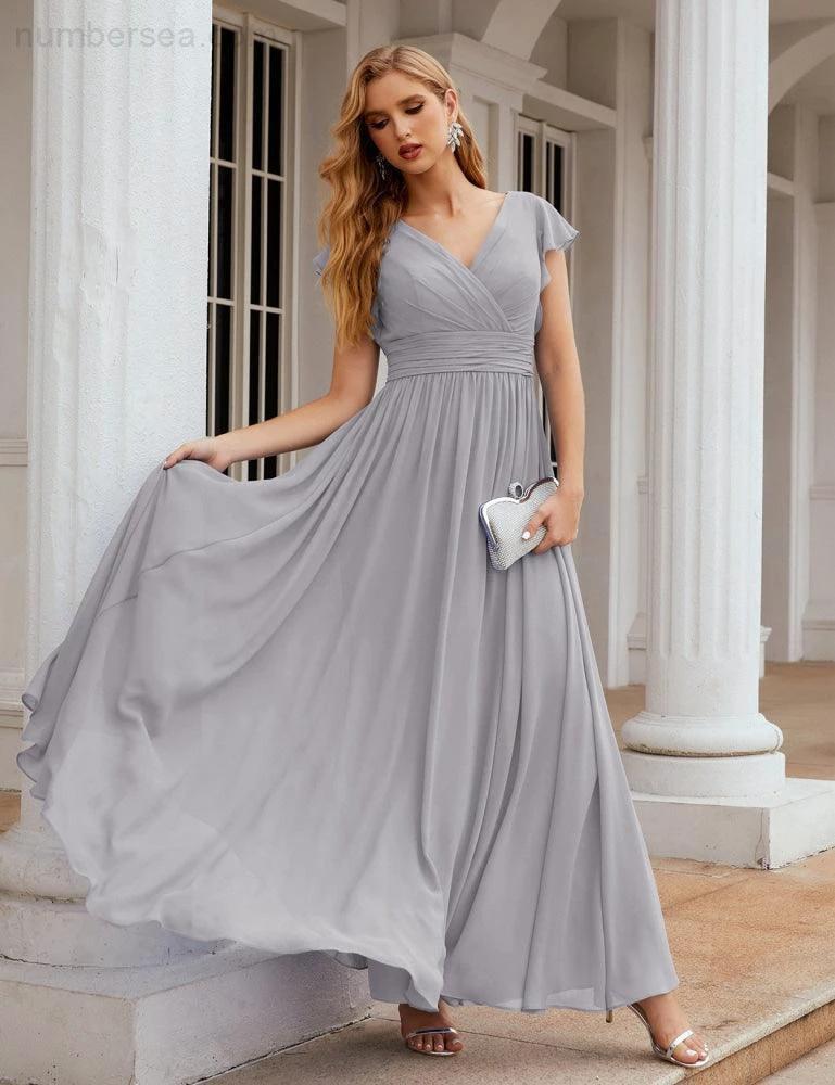 Numbersea V-Neck Bridesmaid Dress Floor Length Backless Formal Evening Dress 28024 by numbersea