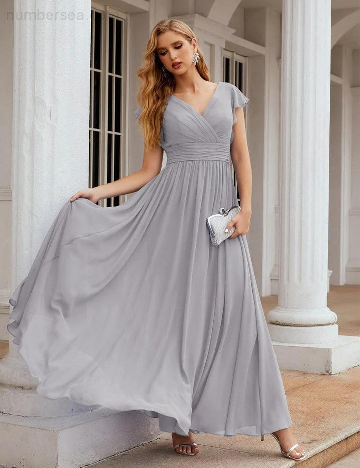 Numbersea V-Neck Bridesmaid Dress Floor Length Backless Formal Evening Dress 28024 by numbersea