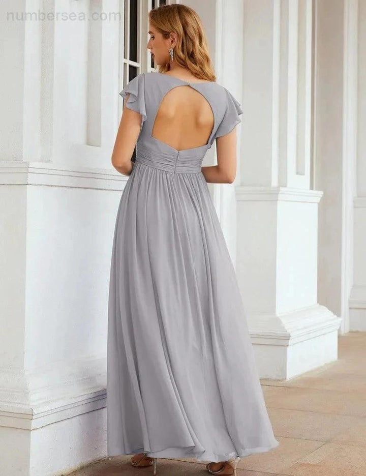 Numbersea V-Neck Bridesmaid Dress Floor Length Backless Formal Evening Dress 28024 by numbersea