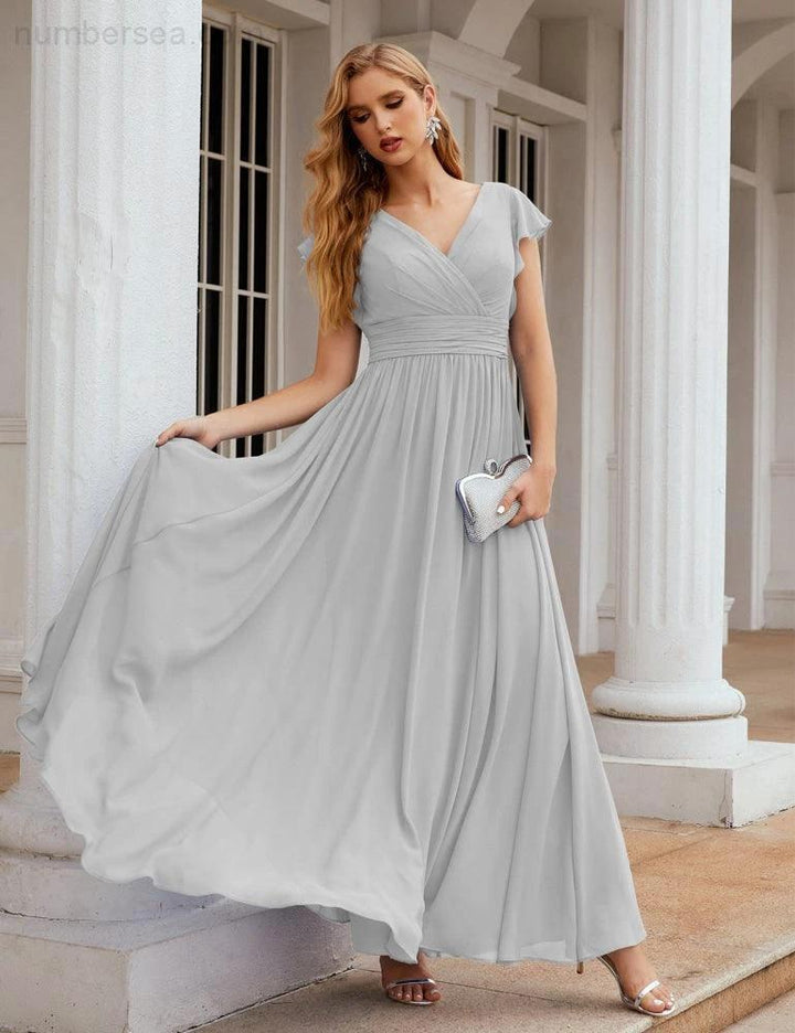 Numbersea V-Neck Bridesmaid Dress Floor Length Backless Formal Evening Dress 28024 by numbersea