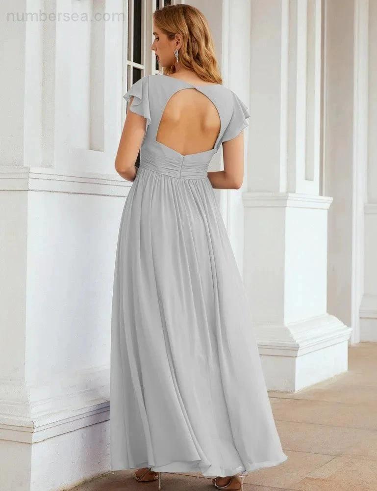 Numbersea V-Neck Bridesmaid Dress Floor Length Backless Formal Evening Dress 28024 by numbersea