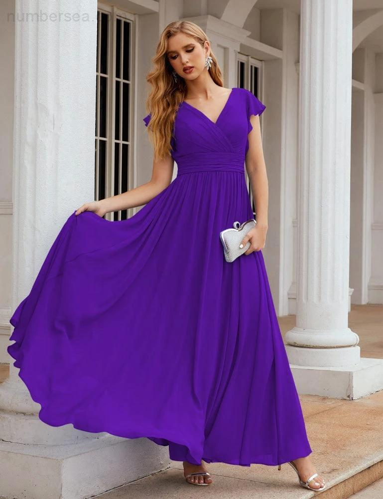 Numbersea V-Neck Bridesmaid Dress Floor Length Backless Formal Evening Dress 28024 by numbersea