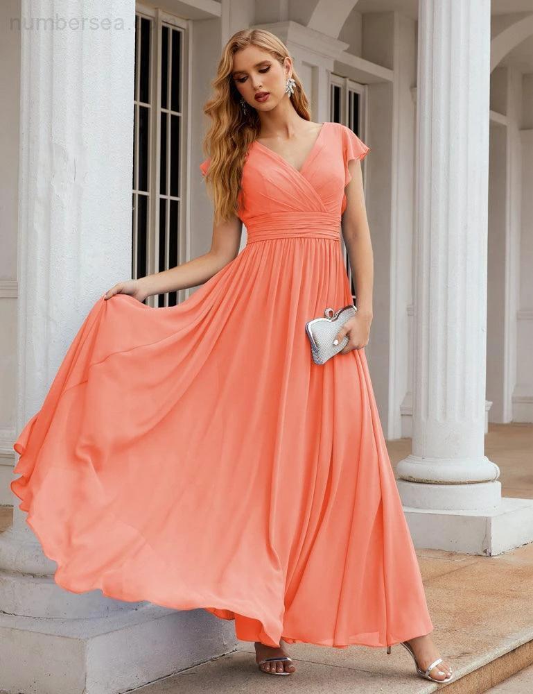 Numbersea V-Neck Bridesmaid Dress Floor Length Backless Formal Evening Dress 28024 by numbersea