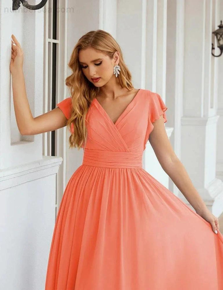 Numbersea V-Neck Bridesmaid Dress Floor Length Backless Formal Evening Dress 28024 by numbersea