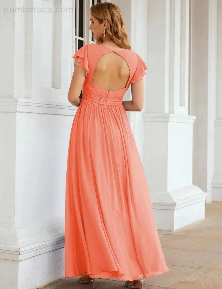 Numbersea V-Neck Bridesmaid Dress Floor Length Backless Formal Evening Dress 28024 by numbersea