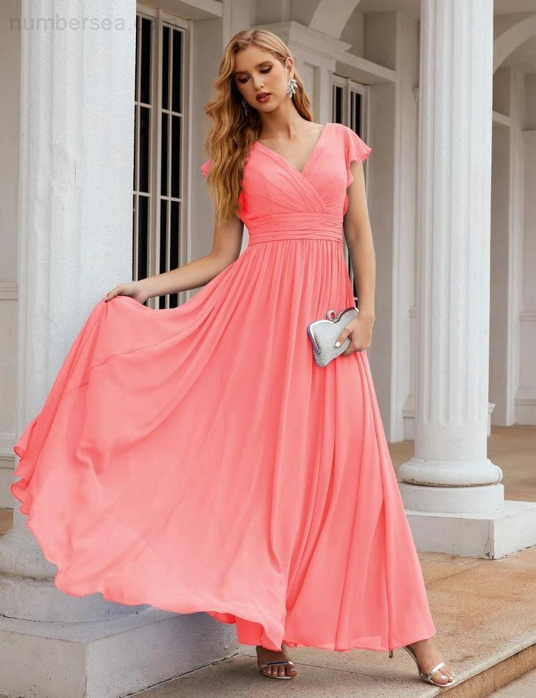 Numbersea V-Neck Bridesmaid Dress Floor Length Backless Formal Evening Dress 28024 by numbersea