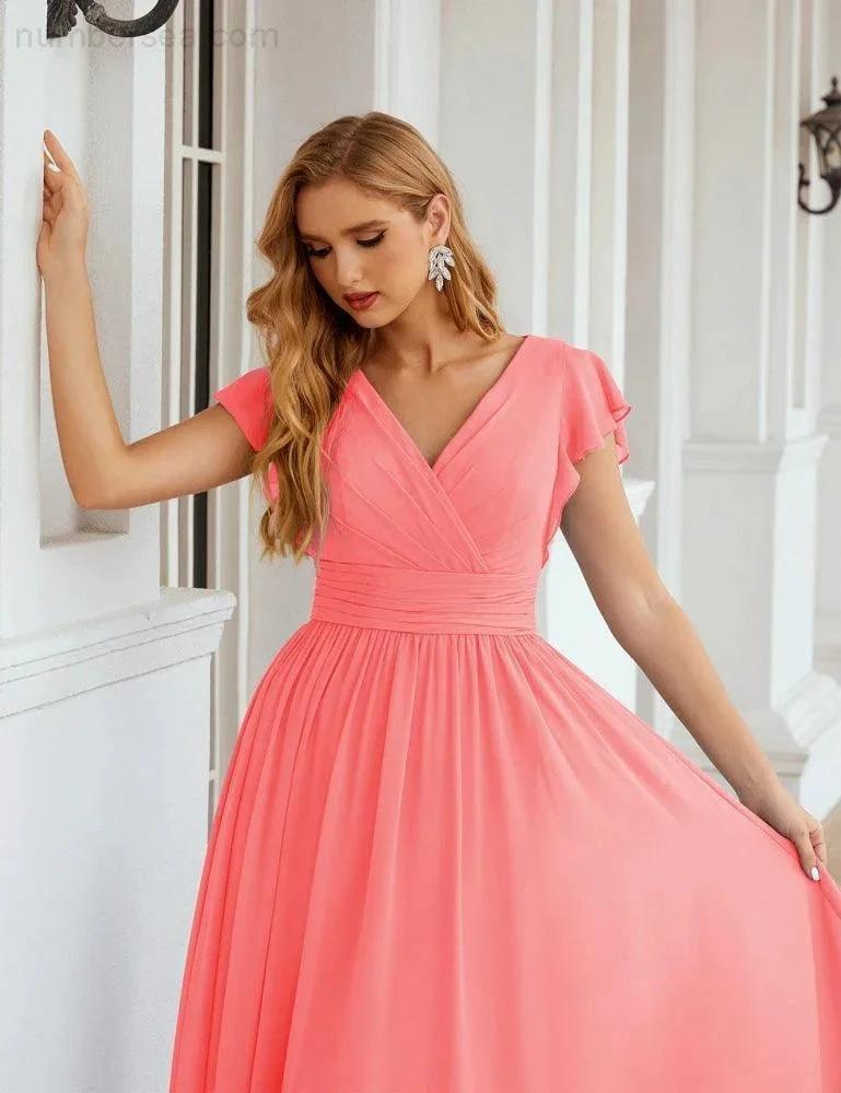 Numbersea V-Neck Bridesmaid Dress Floor Length Backless Formal Evening Dress 28024 by numbersea